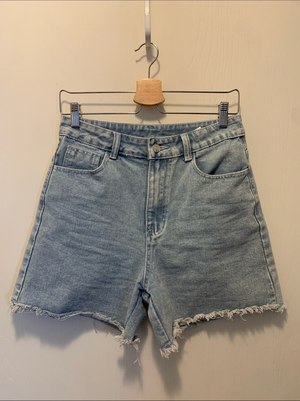 SHEIN Light Blue High-Rise Frayed Denim Shorts